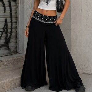 Y2K Fang Wide Leg Embellished Palazzo Pants S Black Boho Smocked Elastic Waist